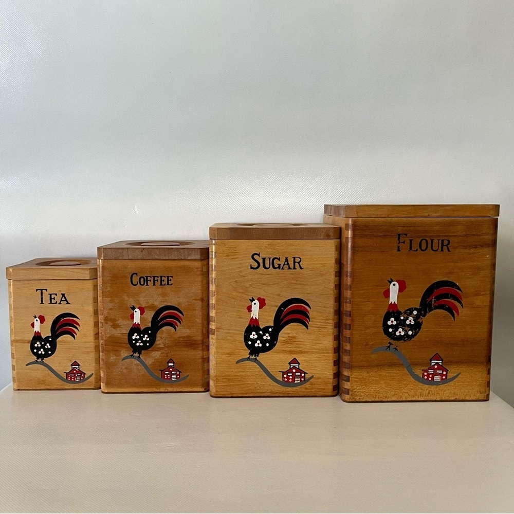 Vintage Wood Hand Painted Rooster Canister Set of 4
